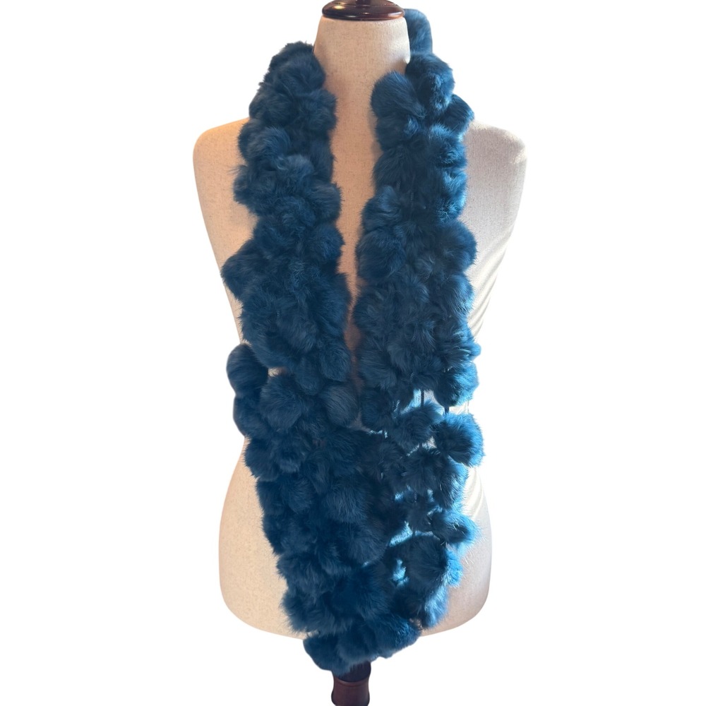 Teal Blue Rabbit Fur Pom Pom Scarf Long Open Knit Winter Wrap Luxury Accessory